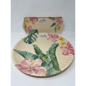 Tommy Bahama  Hibiscus and Palm Leaves Serving Platter Set NEW